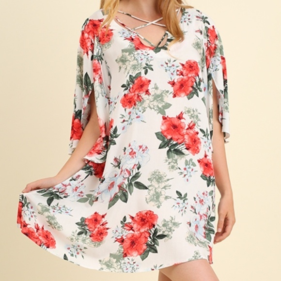 NWT Umgee Open sleeve crossed front floral dress - Picture 1 of 3